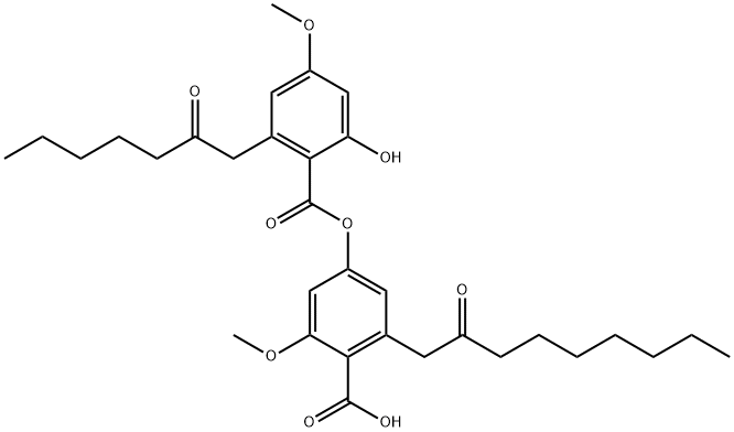 Benzoic acid, 2-hydroxy-4-methoxy-6-(2-oxoheptyl)-, 4-carboxy-3-methoxy-5-(2-oxononyl)phenyl ester 结构式