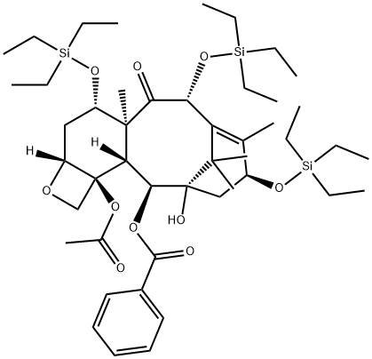 7,11-Methano-5H-cyclodeca[3,4]benz[1,2-b]oxet-5-one, 12b-(acetyloxy)-12-(benzoyloxy)-1,2a,3,4,4a,6,9,10,11,12,12a,12b-dodecahydro-11-hydroxy-4a,8,13,13-tetramethyl-4,6,9-tris[(triethylsilyl)oxy]-, (2aR,4S,4aS,6R,9S,11S,12S,12aR,12bS)- Struktur
