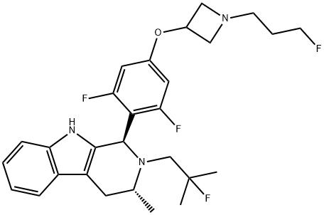 1H-Pyrido[3,4-b]indole, 1-[2,6-difluoro-4-[[1-(3-fluoropropyl)-3-azetidinyl]oxy]phenyl]-2-(2-fluoro-2-methylpropyl)-2,3,4,9-tetrahydro-3-methyl-, (1R,3R)-,1953132-75-6,结构式