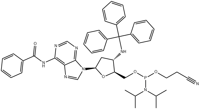 Adenosine, N-benzoyl-2',3'-dideoxy-3'-[(triphenylmethyl)amino]-, 5'-[2-cyanoethyl N,N-bis(1-methylethyl)phosphoramidite] Struktur