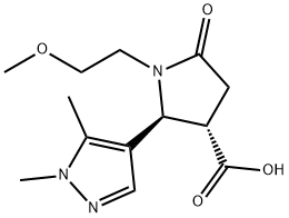 rac-(2R,3R)-2-(1,5-dimethyl-1H-pyrazol-4-yl)-1-(2-methoxyethyl)-5-oxopyrrolidine-3-carboxylic acid, trans Struktur