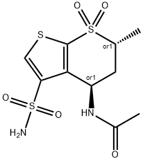Acetamide, N-[(4R,6R)-3-(aminosulfonyl)-5,6-dihydro-6-methyl-7,7-dioxido-4H-thieno[2,3-b]thiopyran-4-yl]-, rel- Struktur