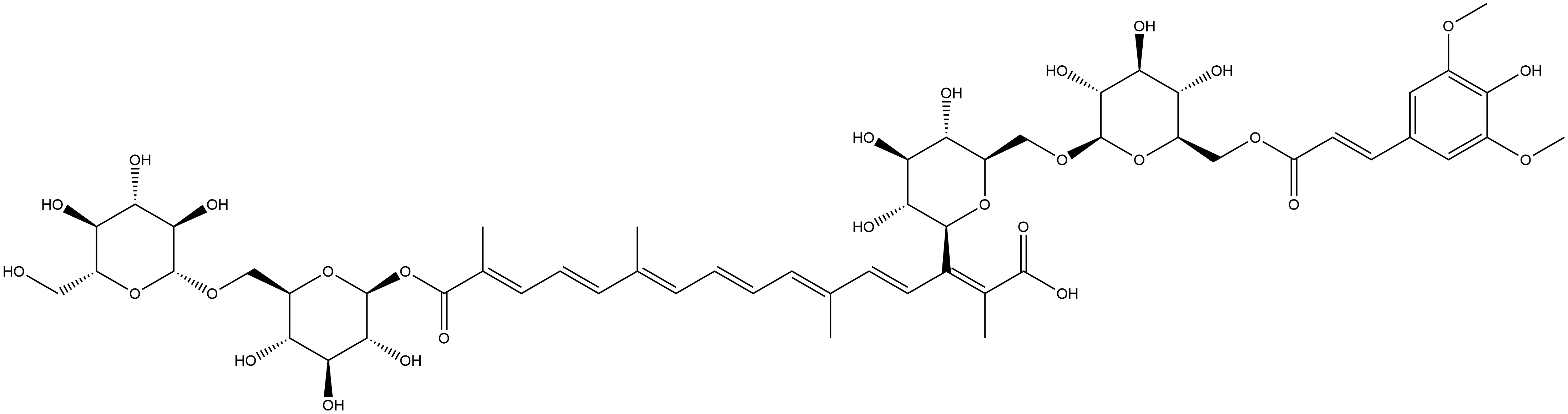 β-D-Glucopyranose, 6-O-β-D-glucopyranosyl-, 1-[14-[6-O-[6-O-[(2E)-3-(4-hydroxy-3,5-dimethoxyphenyl)-1-oxo-2-propen-1-yl]-β-D-glucopyranosyl]-β-D-glucopyranosyl] (2E,4E,6E,8E,10E,12E,14E)-2,6,11,15-tetramethyl-2,4,6,8,10,12,14-hexadecaheptaenedioate] 化学構造式