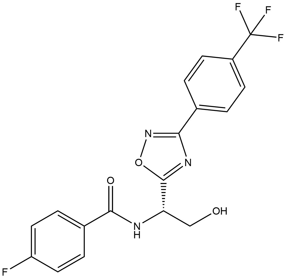 (S)-4-fluoro-N-(2-hydroxy-1-(3-(4-(trifluoromethyl)phenyl)-1,2,4-oxadiazol-5-yl)ethyl)benzamide 结构式