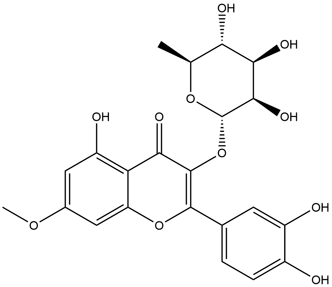 4H-1-Benzopyran-4-one, 3-[(6-deoxy-α-L-mannopyranosyl)oxy]-2-(3,4-dihydroxyphenyl)-5-hydroxy-7-methoxy- 化学構造式