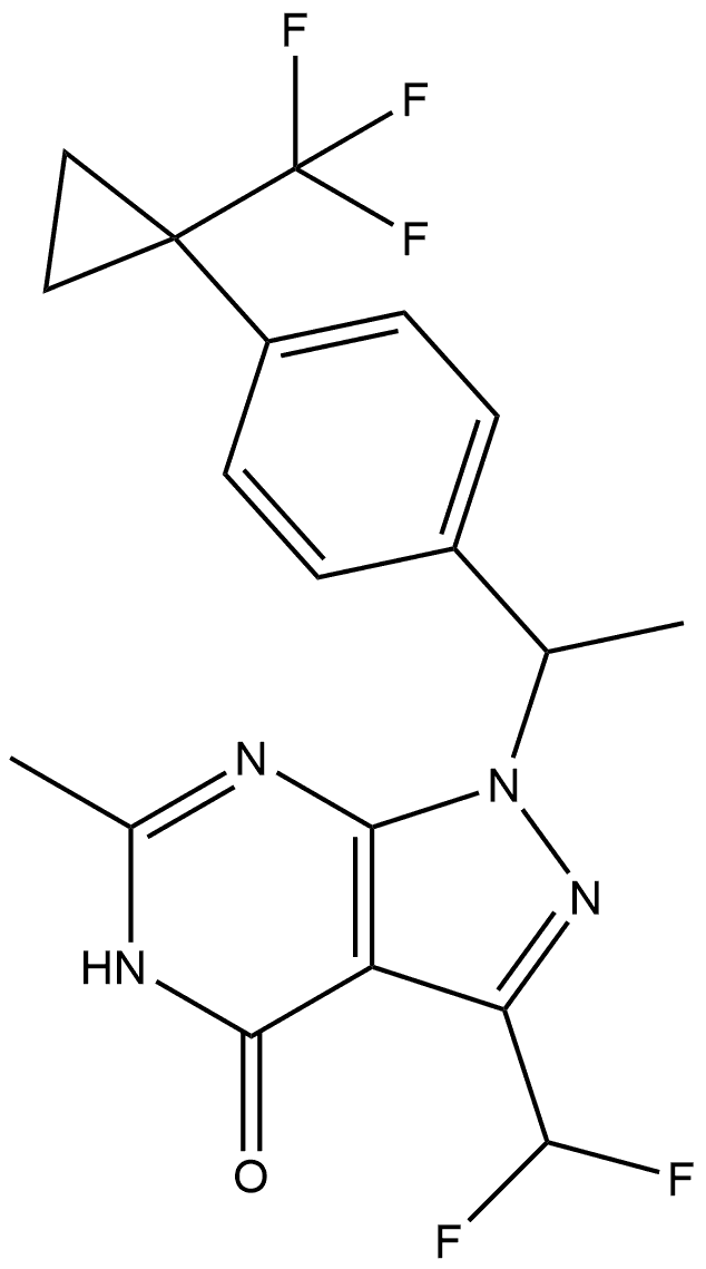 3-(difluoromethyl)-6-methyl-1-(1-(4-(1-(trifluoromethyl)cyclopropyl)phenyl)ethyl)-1,5-dihydro-4H-pyrazolo[3,4-d]pyrimidin-4-one 结构式