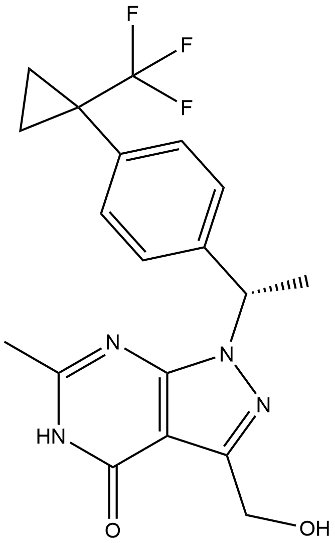 (S)-3-(hydroxymethyl)-6-methyl-1-(1-(4-(1-(trifluoromethyl)cyclopropyl)phenyl)ethyl)-1,5-dihydro-4H-pyrazolo[3,4-d]pyrimidin-4-one,2055253-89-7,结构式