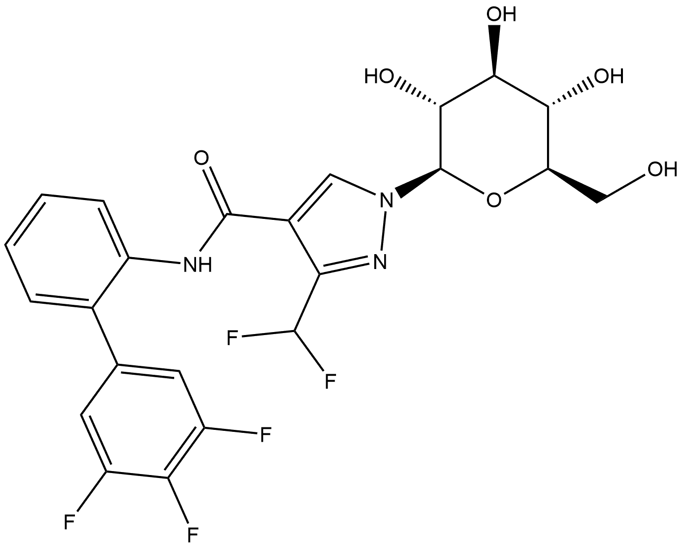 1H-Pyrazole-4-carboxamide, 3-(difluoromethyl)-1-β-D-glucopyranosyl-N-(3',4',5'-trifluoro[1,1'-biphenyl]-2-yl)- 结构式