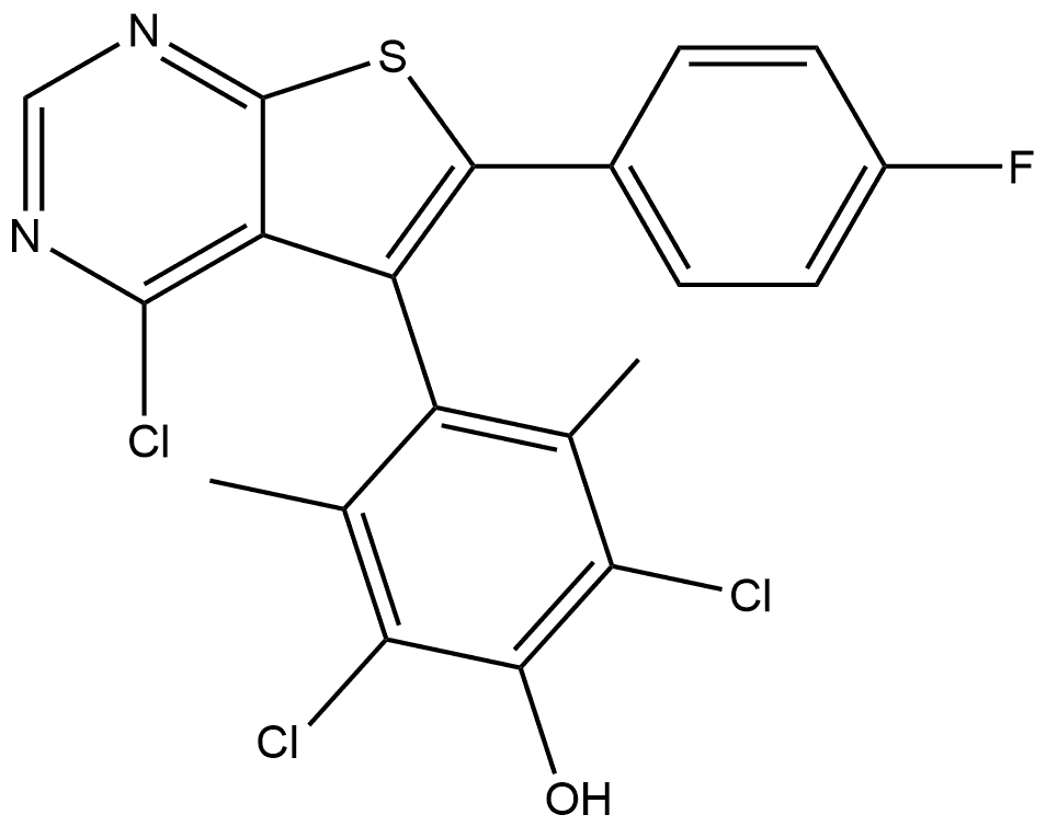 2,6-二氯-4-(4-氯-6-(4-氟苯基)噻吩并[2,3-D]嘧啶-5-基)-3,5-二甲基苯酚, 2057523-72-3, 结构式