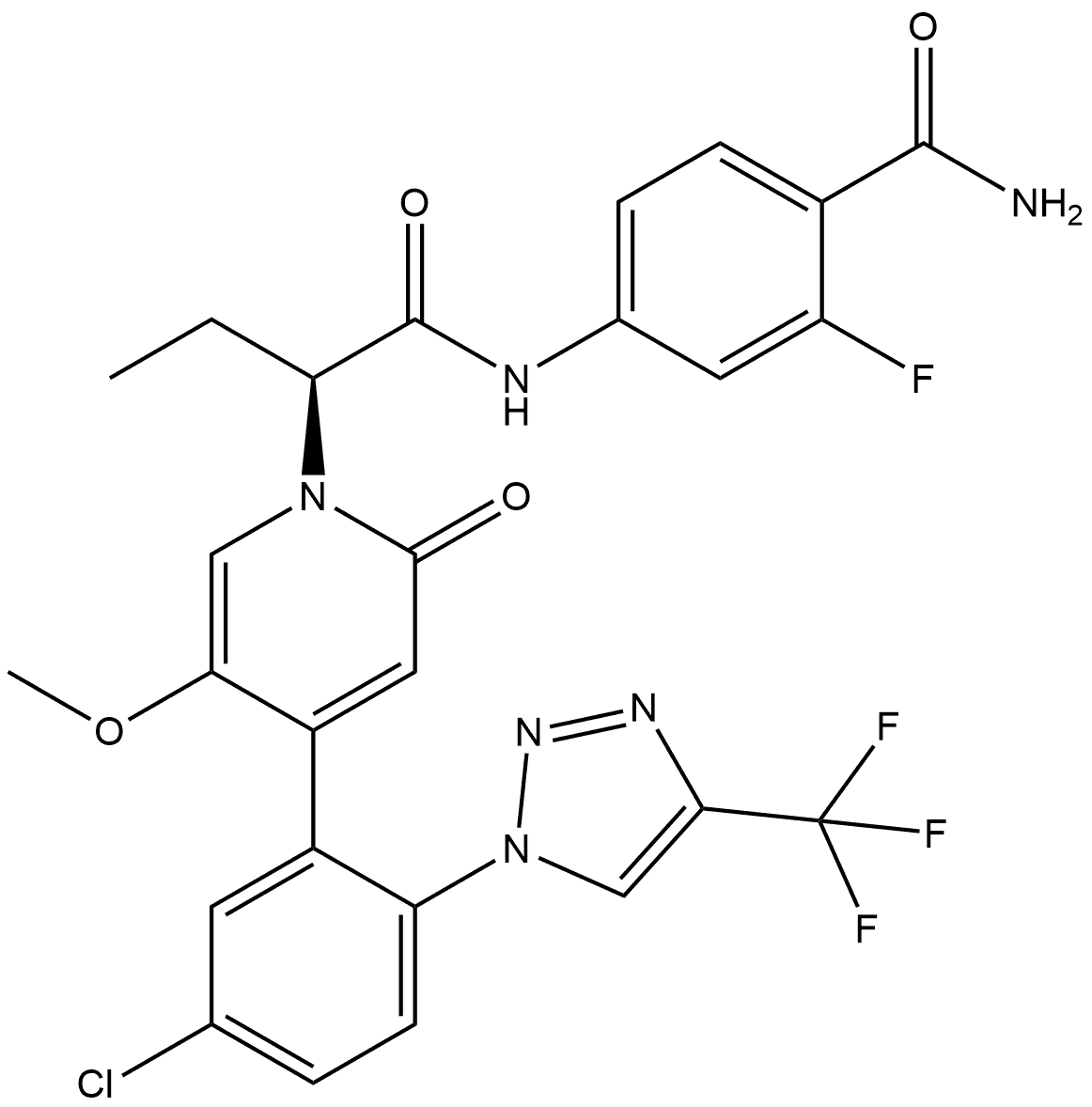 4-[(2S)-2-(4-{5-クロロ-2-[4-(トリフルオロメチル)-1,2,3-トリアゾール-1-イル]フェニル}-5-メトキシ-2-オキソピリジン-1-イル)ブタンアミド]-2-フルオロベンズアミド 化学構造式