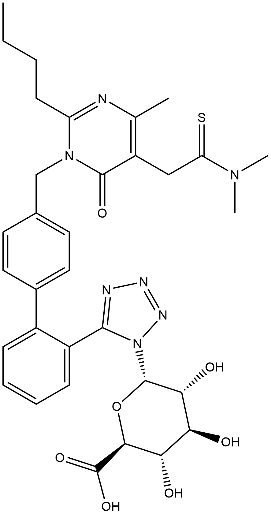 α-D-Glucopyranuronic acid, 1-[5-[4'-[[2-butyl-5-[2-(dimethylamino)-2-thioxoethyl]-4-methyl-6-oxo-1(6H)-pyrimidinyl]methyl][1,1'-biphenyl]-2-yl]-1H-tetrazol-1-yl]-1-deoxy- Structure