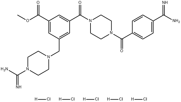 Benzoic acid, 3-[[4-[4-(aminoiminomethyl)benzoyl]-1-piperazinyl]carbonyl]-5-[[4-(aminoiminomethyl)-1-piperazinyl]methyl]-, methyl ester, hydrochloride (1:5) Struktur