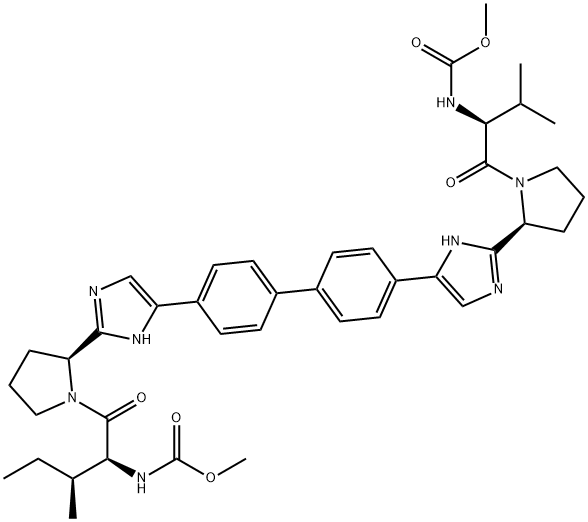 Carbamic acid, N-[(1S,2S)-1-[[(2S)-2-[5-[4'-[2-[(2S)-1-[(2S)-2-[(methoxycarbonyl)amino]-3-methyl-1-oxobutyl]-2-pyrrolidinyl]-1H-imidazol-5-yl][1,1'-biphenyl]-4-yl]-1H-imidazol-2-yl]-1-pyrrolidinyl]carbonyl]-2-methylbutyl]-, methyl ester Struktur