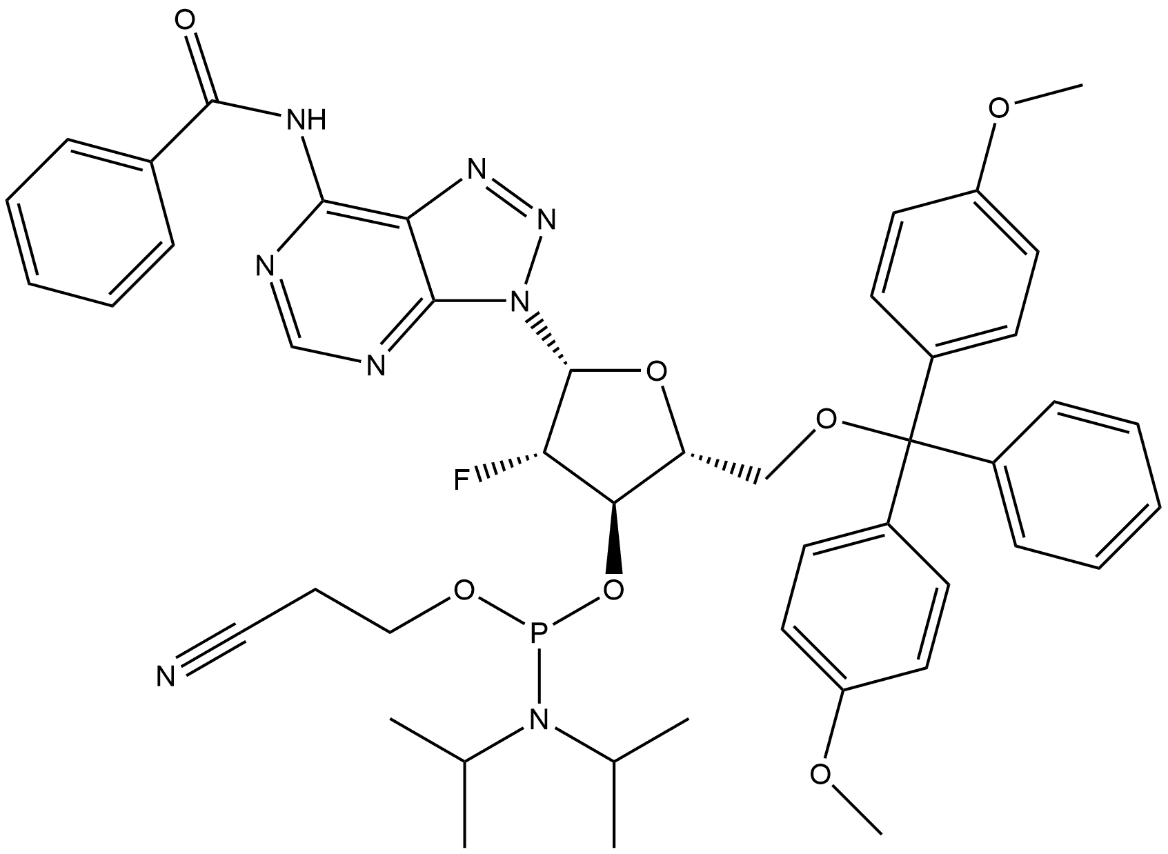 N-[3-[5-O-[Bis(4-methoxyphenyl)phenylmethyl]-3-O-[[bis(1-methylethyl)amino](2-cyanoethoxy)phosphino]-2-deoxy-2-fluoro-β-D-arabinofuranosyl]-3H-1,2,3-triazolo[4,5-d]pyrimidin-7-yl]benzamide Struktur