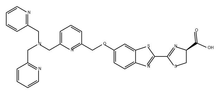 4-Thiazolecarboxylic acid, 2-[6-[[6-[[bis(2-pyridinylmethyl)amino]methyl]-2-pyridinyl]methoxy]-2-benzothiazolyl]-4,5-dihydro-, (4S)- Structure