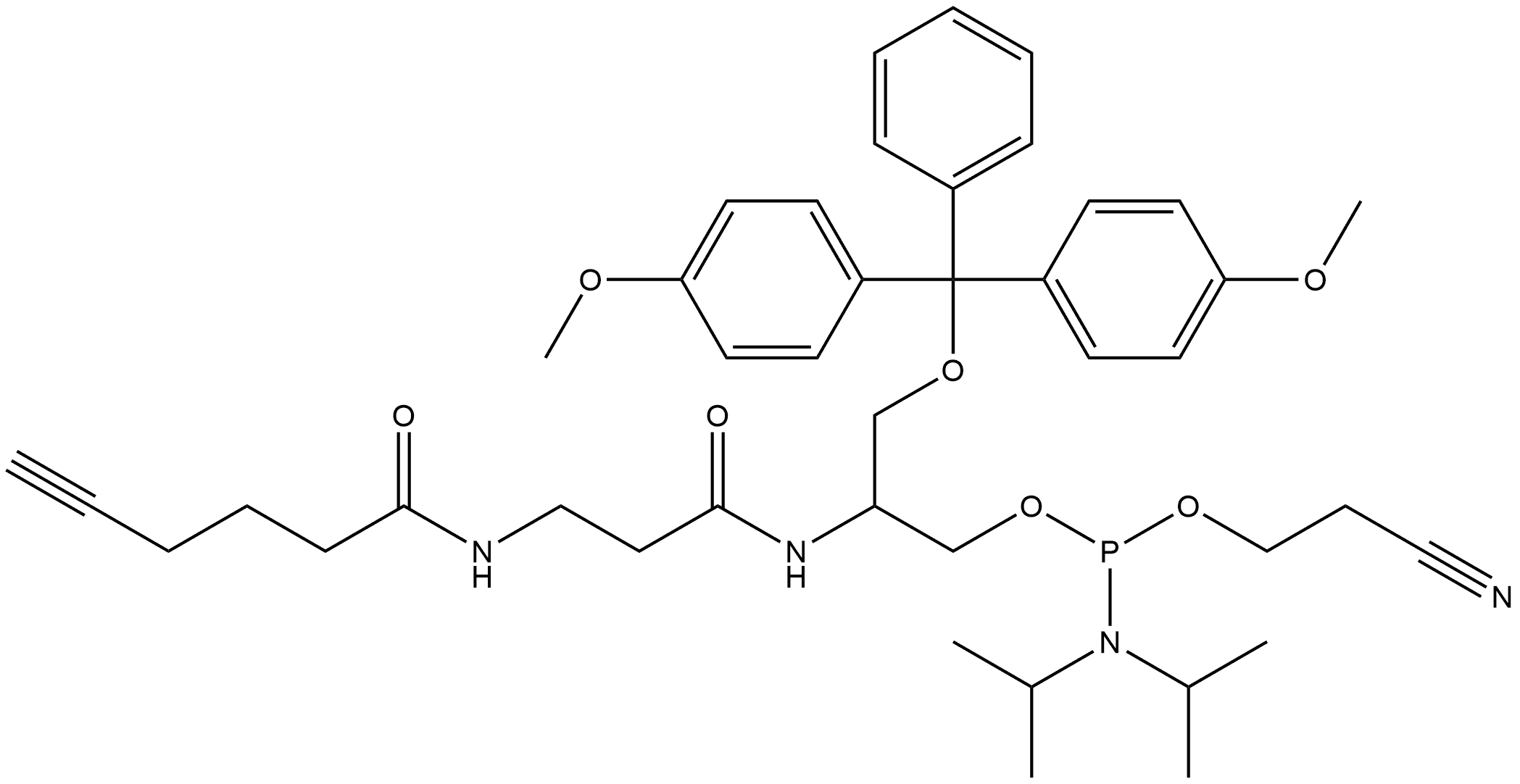 Phosphoramidous acid, N,N-bis(1-methylethyl)-, 3-[bis(4-methoxyphenyl)phenylmethoxy]-2-[[1-oxo-3-[(1-oxo-5-hexyn-1-yl)amino]propyl]amino]propyl 2-cyanoethyl ester Structure