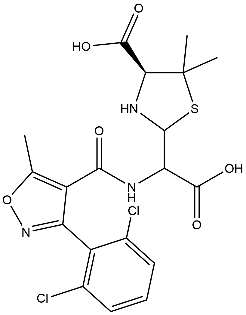 2-Thiazolidineacetic acid, 4-carboxy-α-[[[3-(2,6-dichlorophenyl)-5-methyl-4-isoxazolyl]carbonyl]amino]-5,5-dimethyl-, (4S)- Structure