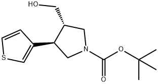 rac-tert-butyl (3R,4S)-3-(hydroxymethyl)-4-(thiophen-3-yl)pyrrolidine-1-carboxylate, trans 结构式