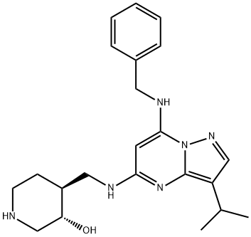 3-Piperidinol, 4-[[[3-(1-methylethyl)-7-[(phenylmethyl)amino]pyrazolo[1,5-a]pyrimidin-5-yl]amino]methyl]-, (3S,4S)- Structure
