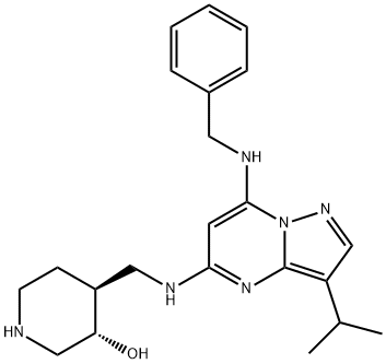 2095130-18-8 3-Piperidinol, 4-[[[3-(1-methylethyl)-7-[(phenylmethyl)amino]pyrazolo[1,5-a]pyrimidin-5-yl]amino]methyl]-, (3S,4S)-