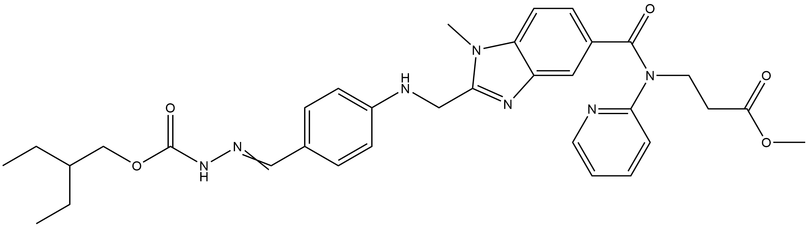β-Alanine, N-[[2-[[[4-[[[(2-ethylbutoxy)carbonyl]amino]iminomethyl]phenyl]amino]methyl]-1-methyl-1H-benzimidazol-5-yl]carbonyl]-N-2-pyridinyl-, methyl ester Struktur