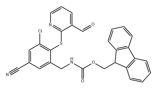 (9H-fluoren-9-yl)methyl (3-chloro-5-cyano-2-((3-formylpyridin-2-yl)thio)benzyl)carbamate 结构式