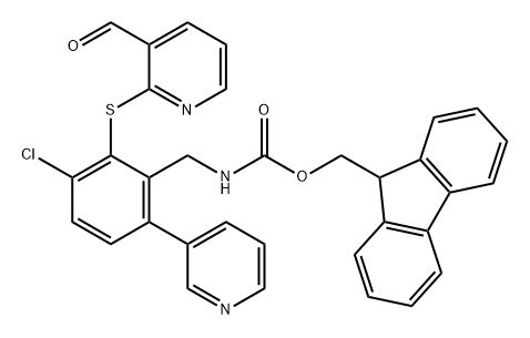 (9H-fluoren-9-yl)methyl (3-chloro-2-((3-formylpyridin-2-yl)thio)-6-(pyridin-3-yl)benzyl)carbamate,2097292-92-5,结构式
