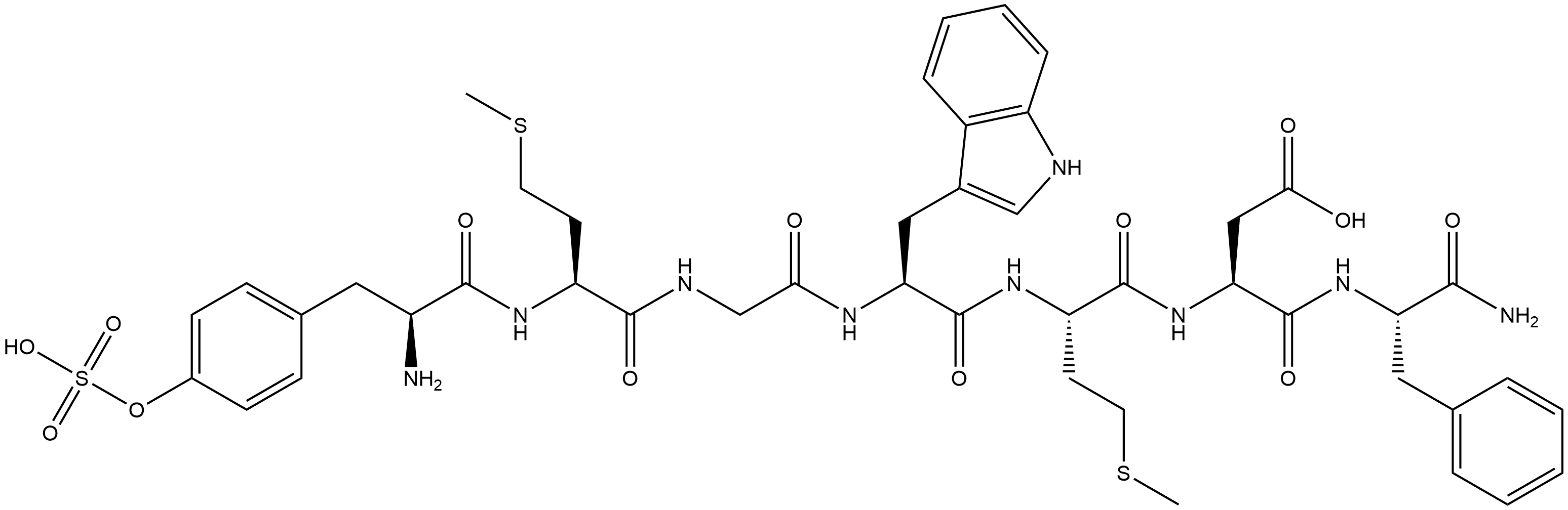 O-スルホ-L-Tyr-L-Met-Gly-L-Trp-L-Met-L-Asp-L-Phe-NH2 化学構造式