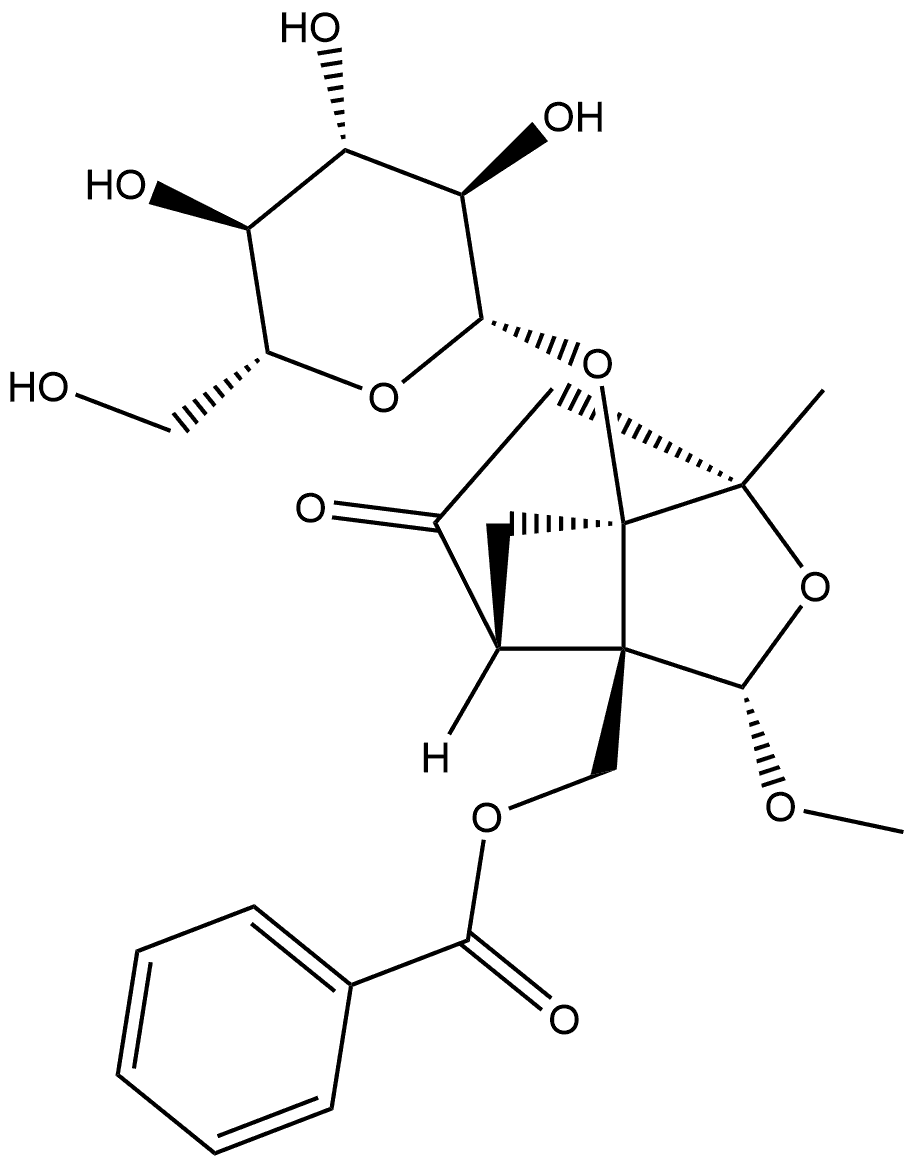 7-Oxatricyclo[4.3.0.03,9]nonan-4-one, 9-[(benzoyloxy)methyl]-1-(β-D-glucopyranosyloxy)-8-methoxy-6-methyl-, (1R,3R,6S,8S,9S)- 结构式
