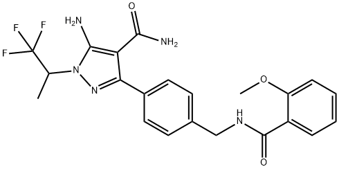 1H-Pyrazole-4-carboxamide, 5-amino-3-[4-[[(2-methoxybenzoyl)amino]methyl]phenyl]-1-(2,2,2-trifluoro-1-methylethyl)- Struktur
