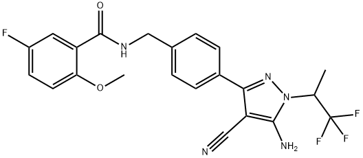 Benzamide, N-[[4-[5-amino-4-cyano-1-(2,2,2-trifluoro-1-methylethyl)-1H-pyrazol-3-yl]phenyl]methyl]-5-fluoro-2-methoxy- Struktur
