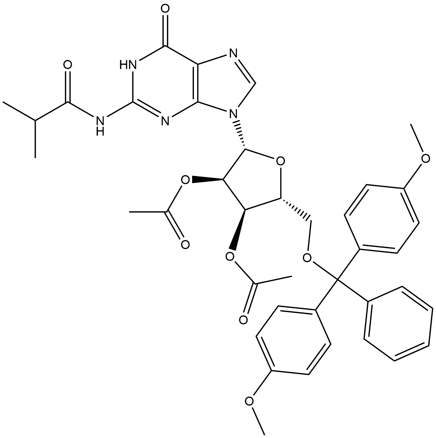 Guanosine, 5'-O-[bis(4-methoxyphenyl)phenylmethyl]-N-(2-methyl-1-oxopropyl)-, 2',3'-diacetate Structure