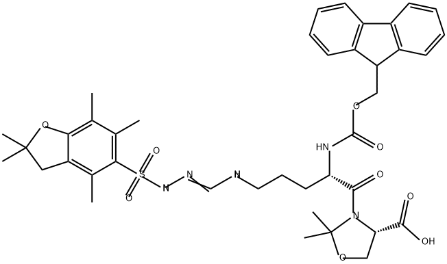 4-Oxazolidinecarboxylic acid, 3-[(2S)-5-[[[[(2,3-dihydro-2,2,4,6,7-pentamethyl-5-benzofuranyl)sulfonyl]amino]iminomethyl]amino]-2-[[(9H-fluoren-9-ylmethoxy)carbonyl]amino]-1-oxopentyl]-2,2-dimethyl-, (4S)- 结构式