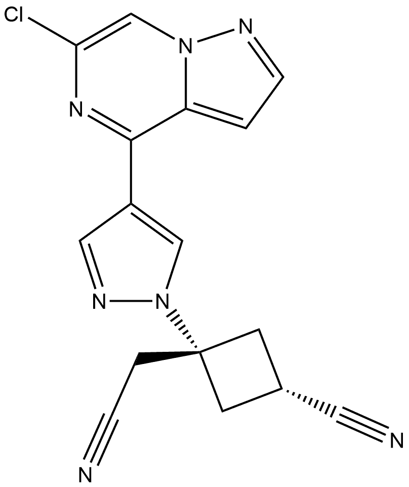 (1r,3r)-3-(4-(6-chloropyrazolo[1,5-a]pyrazin-4-yl)-1H-pyrazol-1-yl)-3-(cyanomethyl)cyclobutane-1-carbonitrile 结构式