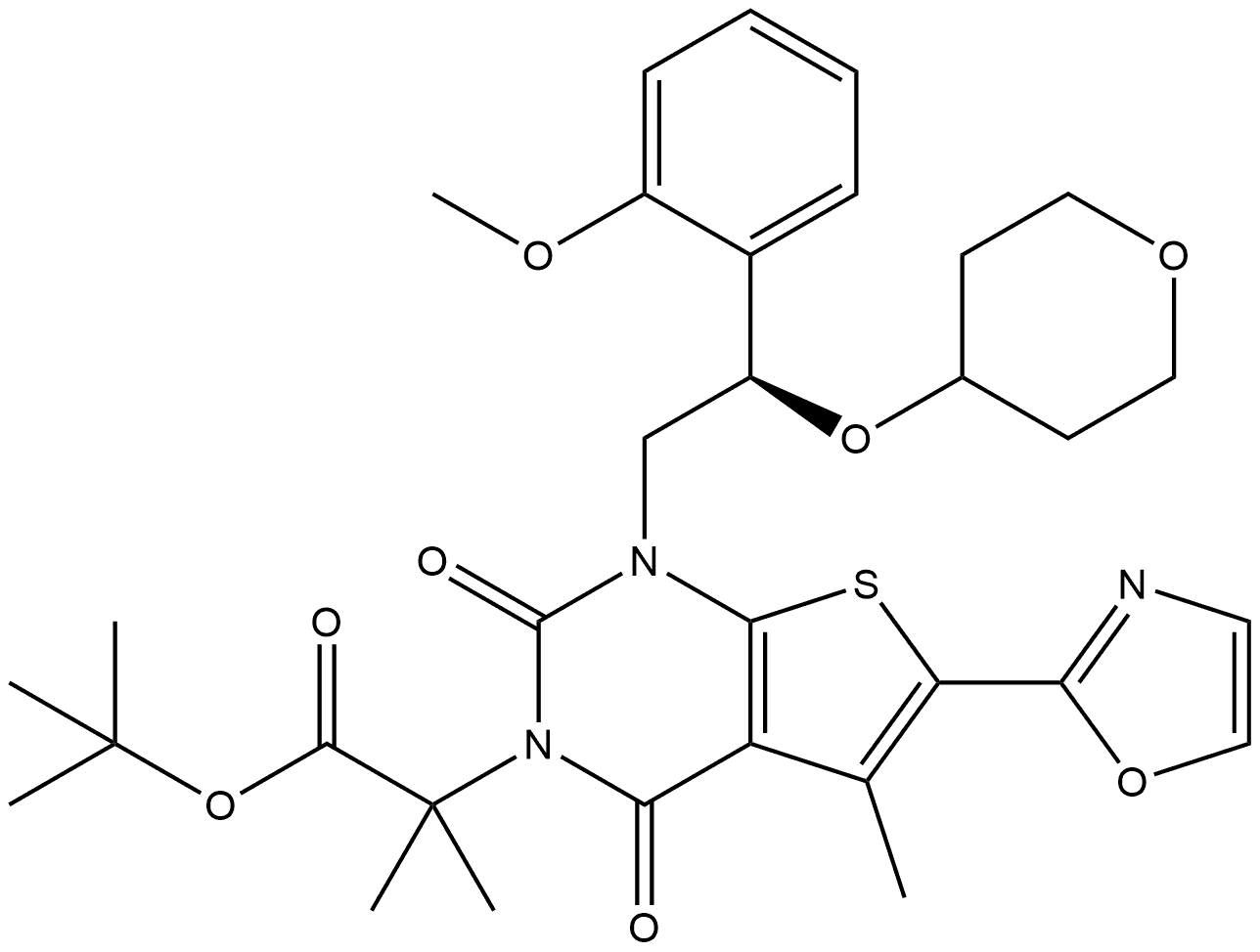 (R)-2-(1-(2-(2-甲氧基苯基)-2-((四氢-2H-吡喃-4-基)氧基)乙基)-5-甲基-6-(噁唑-2-基)-2,4-二氧-1,2-二氢噻吩并[2,3-D]嘧啶-3(4H)-基)-2-甲基丙酸叔丁酯 结构式