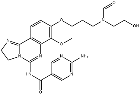 5-Pyrimidinecarboxamide, 2-amino-N-[8-[3-[formyl(2-hydroxyethyl)amino]propoxy]-2,3-dihydro-7-methoxyimidazo[1,2-c]quinazolin-5-yl]- Structure