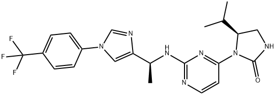 2-Imidazolidinone, 5-(1-methylethyl)-1-[2-[[(1S)-1-[1-[4-(trifluoromethyl)phenyl]-1H-imidazol-4-yl]ethyl]amino]-4-pyrimidinyl]-, (5S)- Struktur
