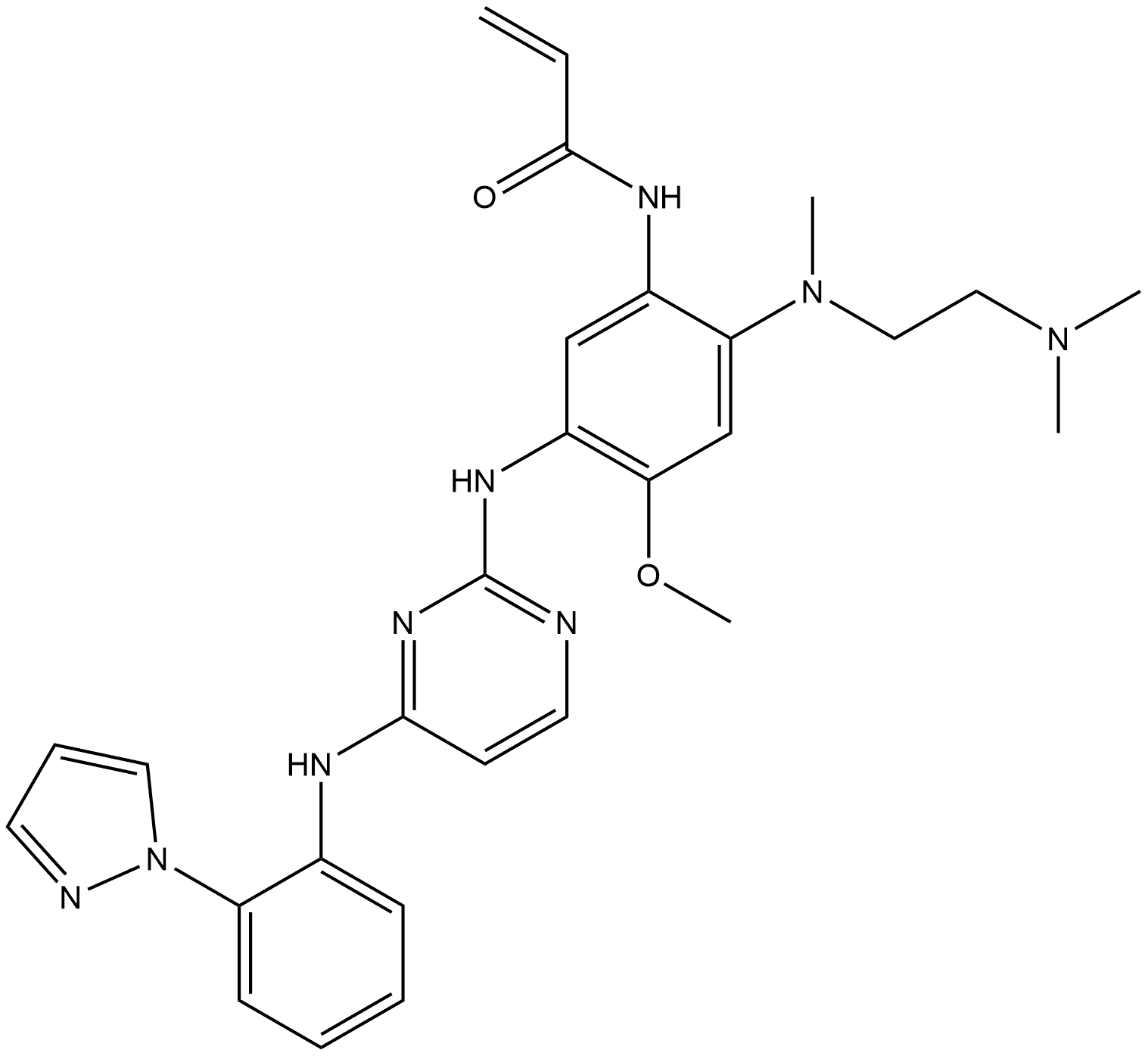 N-(5-((4-((2-(1H-pyrazol-1-yl)phenyl)amino)pyrimidin-2-yl)amino)-2-((2-(dimethylamino)ethyl)(methyl)amino)-4-methoxyphenyl)acrylamide 结构式