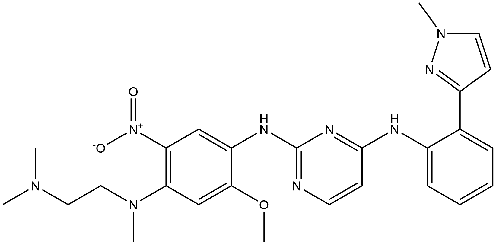 N2-(4-((2-(dimethylamino)ethyl)(methyl)amino)-2-methoxy-5-nitrophenyl)-N4-(2-(1-methyl-1H-pyrazol-3-yl)phenyl)pyrimidine-2,4-diamine 结构式
