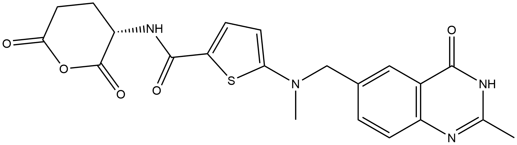 2-Thiophenecarboxamide, 5-[[(3,4-dihydro-2-methyl-4-oxo-6-quinazolinyl)methyl]methylamino]-N-[(3S)-tetrahydro-2,6-dioxo-2H-pyran-3-yl]- Structure