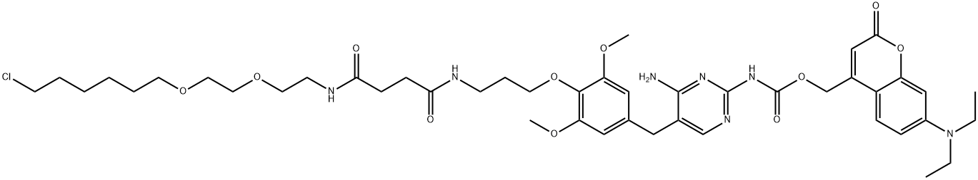 Carbamic acid, N-[4-amino-5-[[4-[(21-chloro-5,8-dioxo-12,15-dioxa-4,9-diazaheneicos-1-yl)oxy]-3,5-dimethoxyphenyl]methyl]-2-pyrimidinyl]-, [7-(diethylamino)-2-oxo-2H-1-benzopyran-4-yl]methyl ester,2137894-99-4,结构式