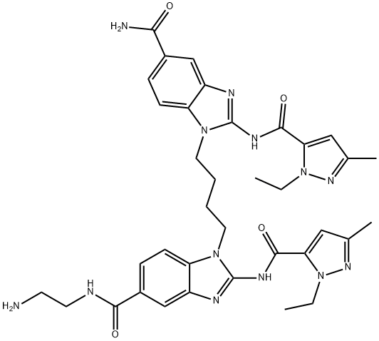1H-Benzimidazole-5-carboxamide, 1-[4-[5-(aminocarbonyl)-2-[[(1-ethyl-3-methyl-1H-pyrazol-5-yl)carbonyl]amino]-1H-benzimidazol-1-yl]butyl]-N-(2-aminoethyl)-2-[[(1-ethyl-3-methyl-1H-pyrazol-5-yl)carbonyl]amino]- Structure