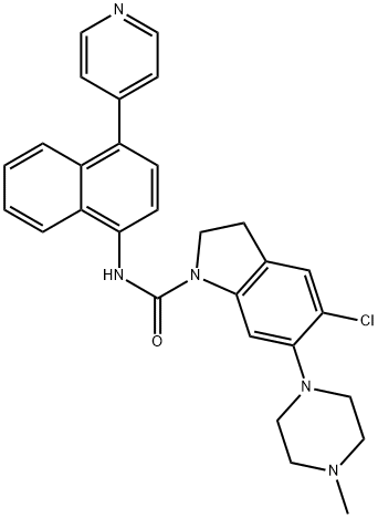 1H-Indole-1-carboxamide, 5-chloro-2,3-dihydro-6-(4-methyl-1-piperazinyl)-N-[4-(4-pyridinyl)-1-naphthalenyl]- Struktur