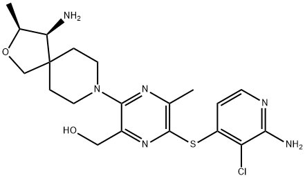 2-Pyrazinemethanol, 6-[(2-amino-3-chloro-4-pyridinyl)thio]-3-[(3S,4S)-4-amino-3-methyl-2-oxa-8-azaspiro[4.5]dec-8-yl]-5-methyl- Structure