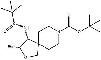 2-Oxa-8-azaspiro[4.5]decane-8-carboxylic acid, 4-[[(R)-(1,1-dimethylethyl)sulfinyl]amino]-3-methyl-, 1,1-dimethylethyl ester, (3R,4R)- 结构式
