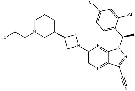 1H-Pyrazolo[3,4-b]pyrazine-3-carbonitrile, 1-[(1R)-1-(2,4-dichlorophenyl)ethyl]-6-[3-[(3R)-1-(2-hydroxyethyl)-3-piperidinyl]-1-azetidinyl]-,2174938-70-4,结构式