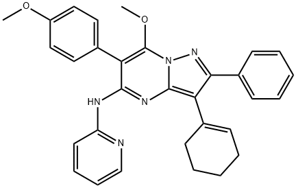 3-(1-环己烯-1-基)-7-甲氧基-6-(4-甲氧基苯基)-2-苯基-N-2-吡啶基吡唑[1,5-A]嘧啶-5-胺, 2201057-92-1, 结构式