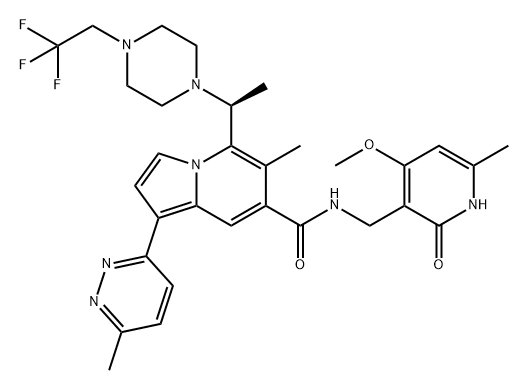 7-Indolizinecarboxamide, N-[(1,2-dihydro-4-methoxy-6-methyl-2-oxo-3-pyridinyl)methyl]-6-methyl-1-(6-methyl-3-pyridazinyl)-5-[(1S)-1-[4-(2,2,2-trifluoroethyl)-1-piperazinyl]ethyl]-|化合物 (S)-HH2853