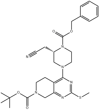 (S)-叔丁基4-(4-((苄氧基)羰基)-3-(氰基甲基)哌嗪-1-基)-2-(甲硫基)-5,6-二氢吡啶并[3,4-D]嘧啶 -7(8H)-羧酸盐 结构式