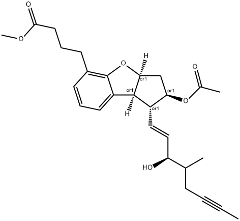 1H-Cyclopenta[b]benzofuran-5-butanoic acid, 2-(acetyloxy)-2,3,3a,8b-tetrahydro-1-[(1E,3R)-3-hydroxy-4-methyl-1-octen-6-ynyl]-, methyl ester, (1R,2R,3aS,8bS)-rel- 化学構造式